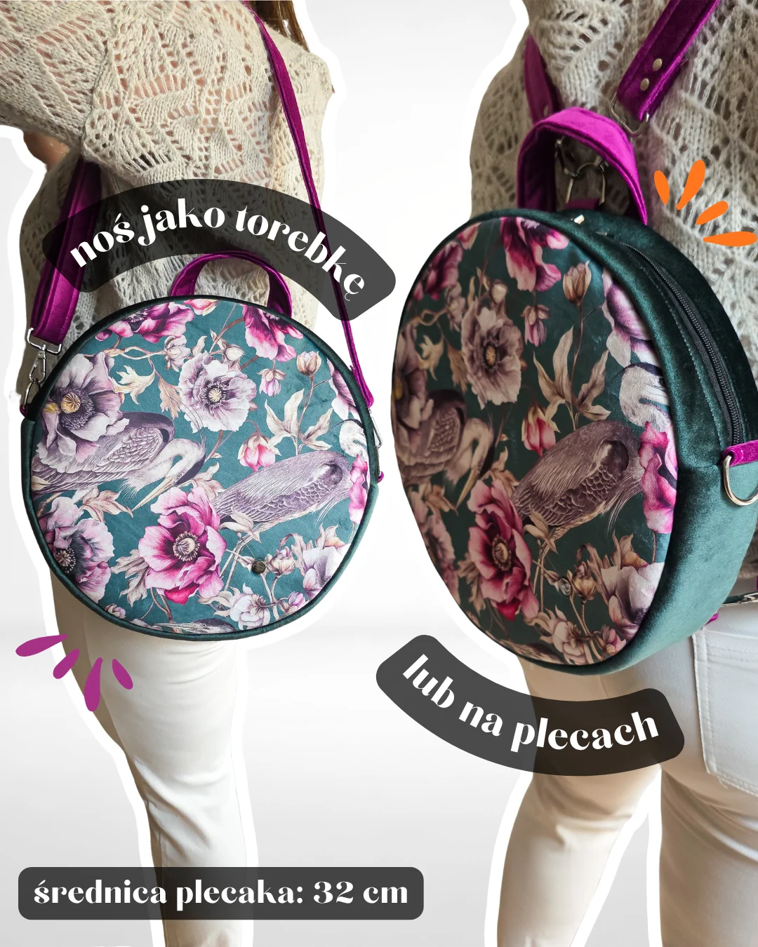 Plecak Okrągły Damski Czapla Pomarańczowy