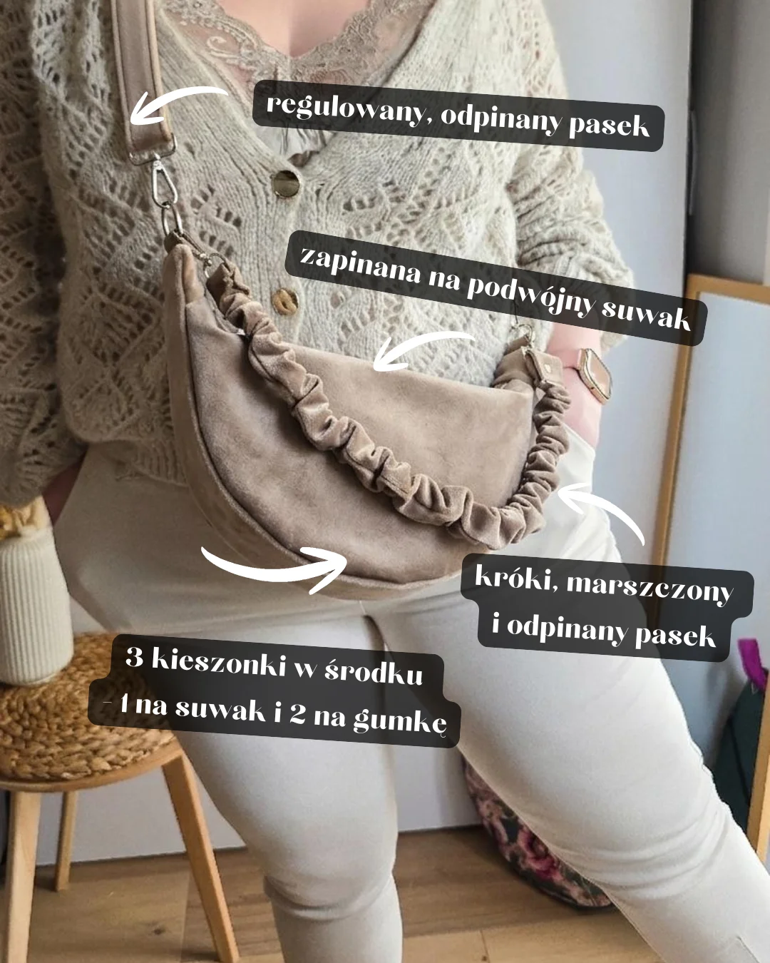 Torebka Półokrągła Luna z marszczonym paskiem